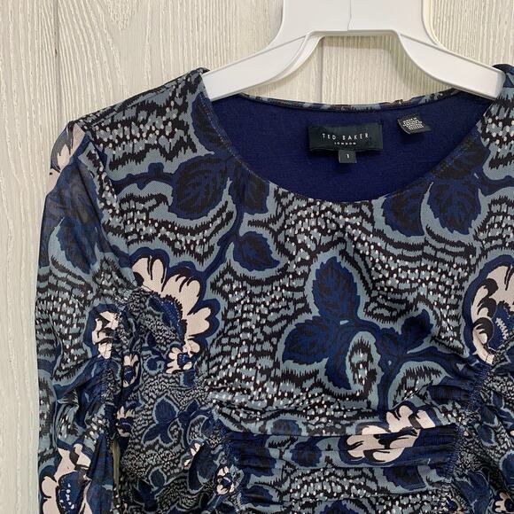 Ted Baker Velvit Blue Floral Sheer Sleeve Dress Size 1 (S/4) - Picture 4 of 7